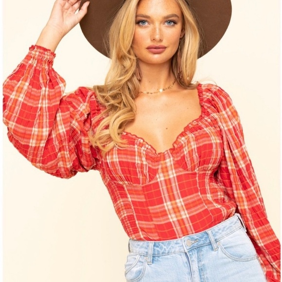 Free People Cherry Bomb Balloon Sleeve Madras Plaid Top Red Hot Medium Milkmaid - Picture 11 of 11
